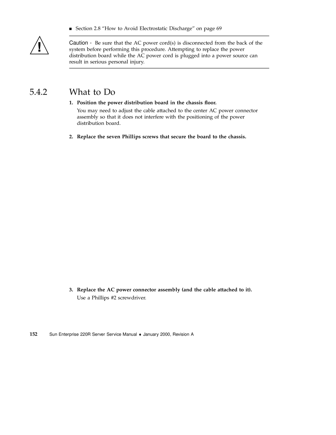 Sun Microsystems 220R service manual What to Do, Position the power distribution board in the chassis ﬂoor 