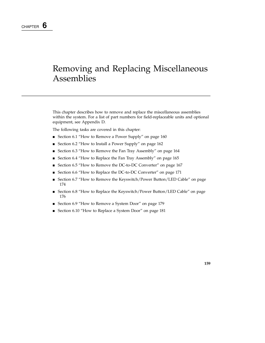 Sun Microsystems 220R service manual Removing and Replacing Miscellaneous Assemblies, 159 