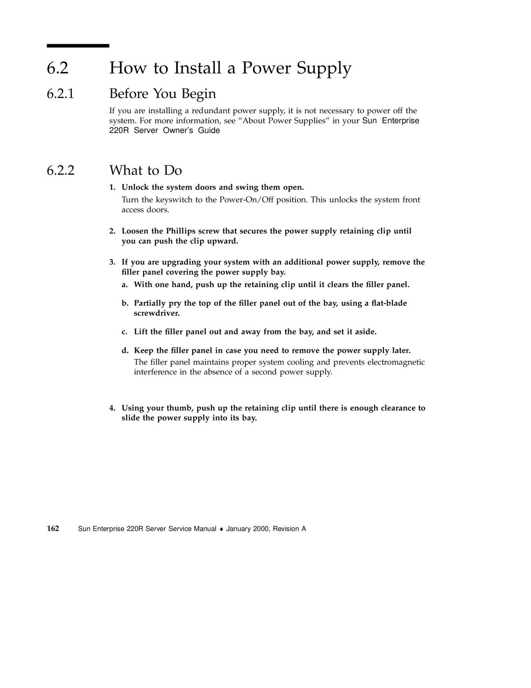 Sun Microsystems 220R service manual How to Install a Power Supply 