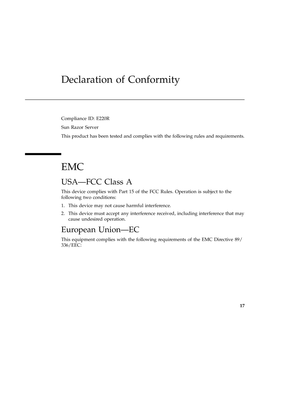 Sun Microsystems 220R service manual Declaration of Conformity, USA-FCC Class a, European Union-EC 