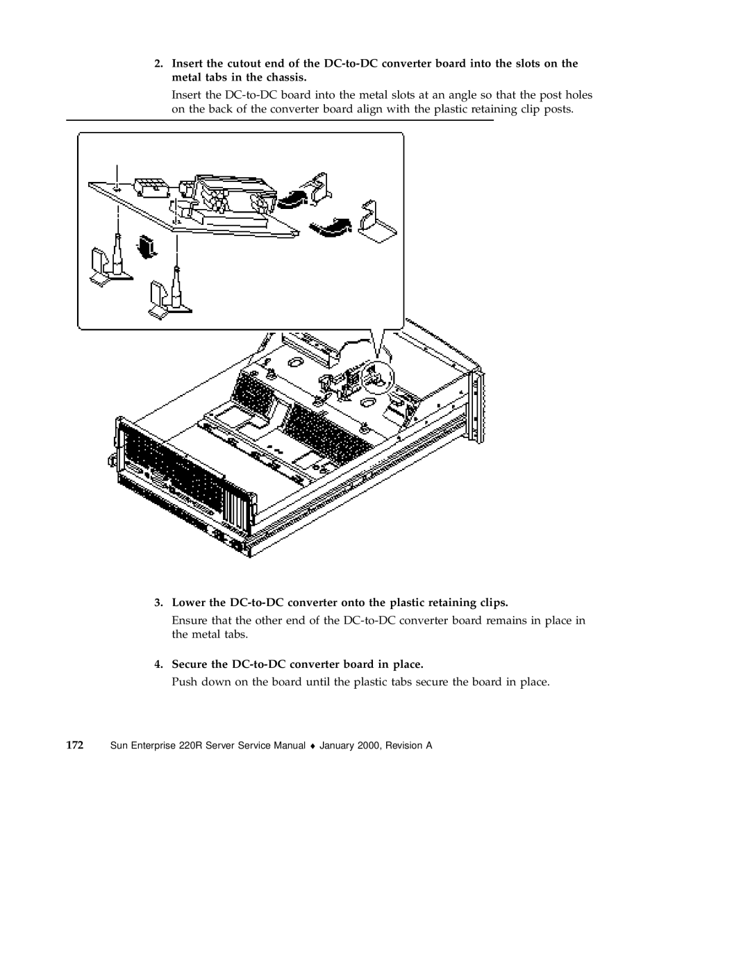 Sun Microsystems 220R service manual Secure the DC-to-DC converter board in place 