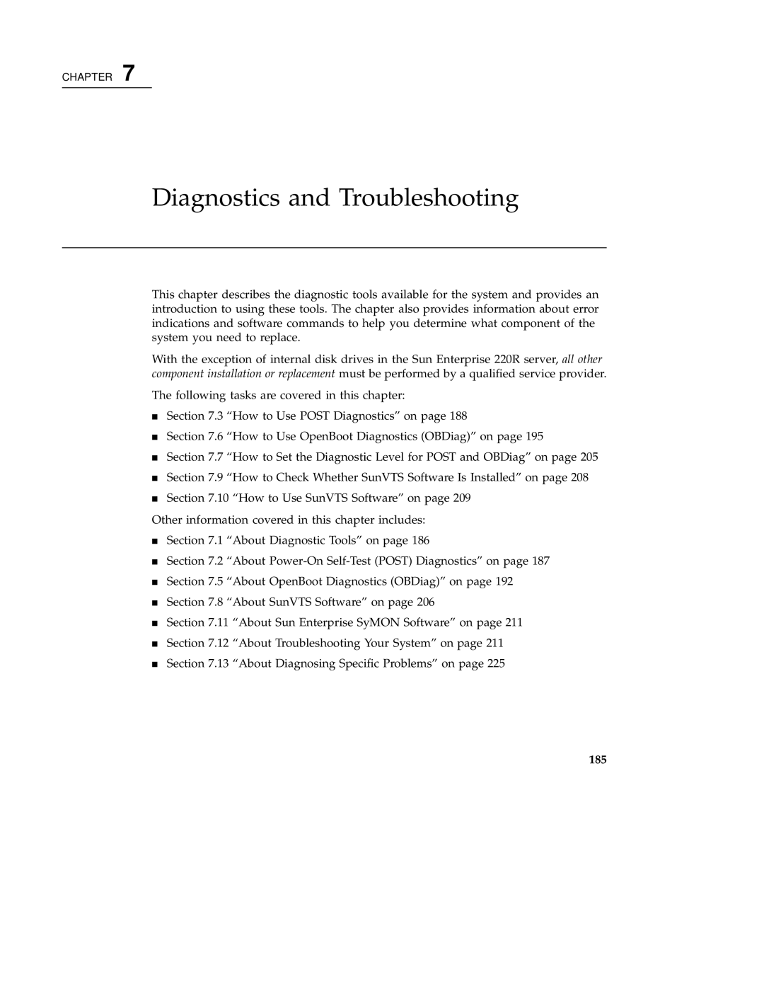 Sun Microsystems 220R service manual Diagnostics and Troubleshooting, 185 