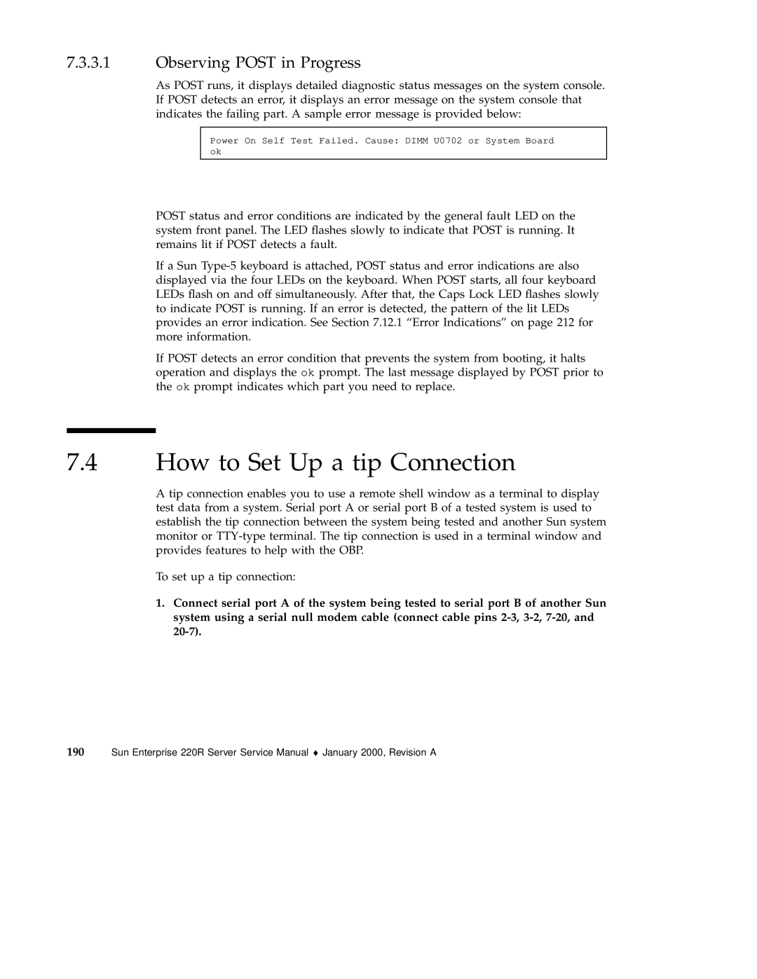 Sun Microsystems 220R service manual How to Set Up a tip Connection, Observing Post in Progress 