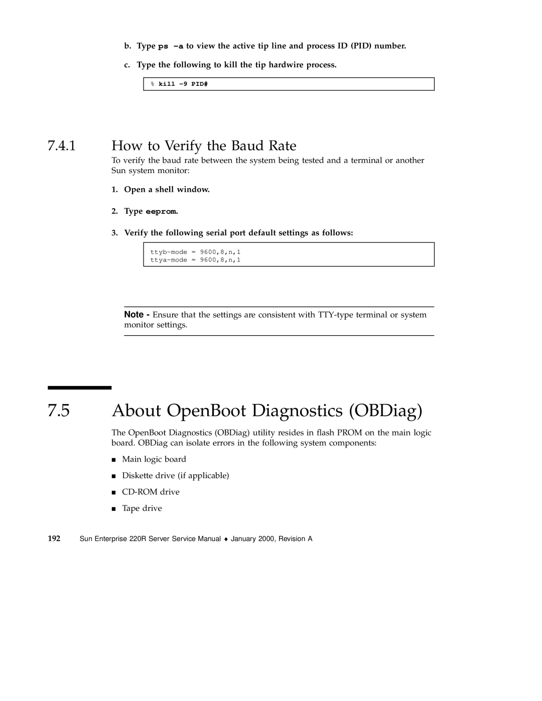 Sun Microsystems 220R service manual About OpenBoot Diagnostics OBDiag, How to Verify the Baud Rate 