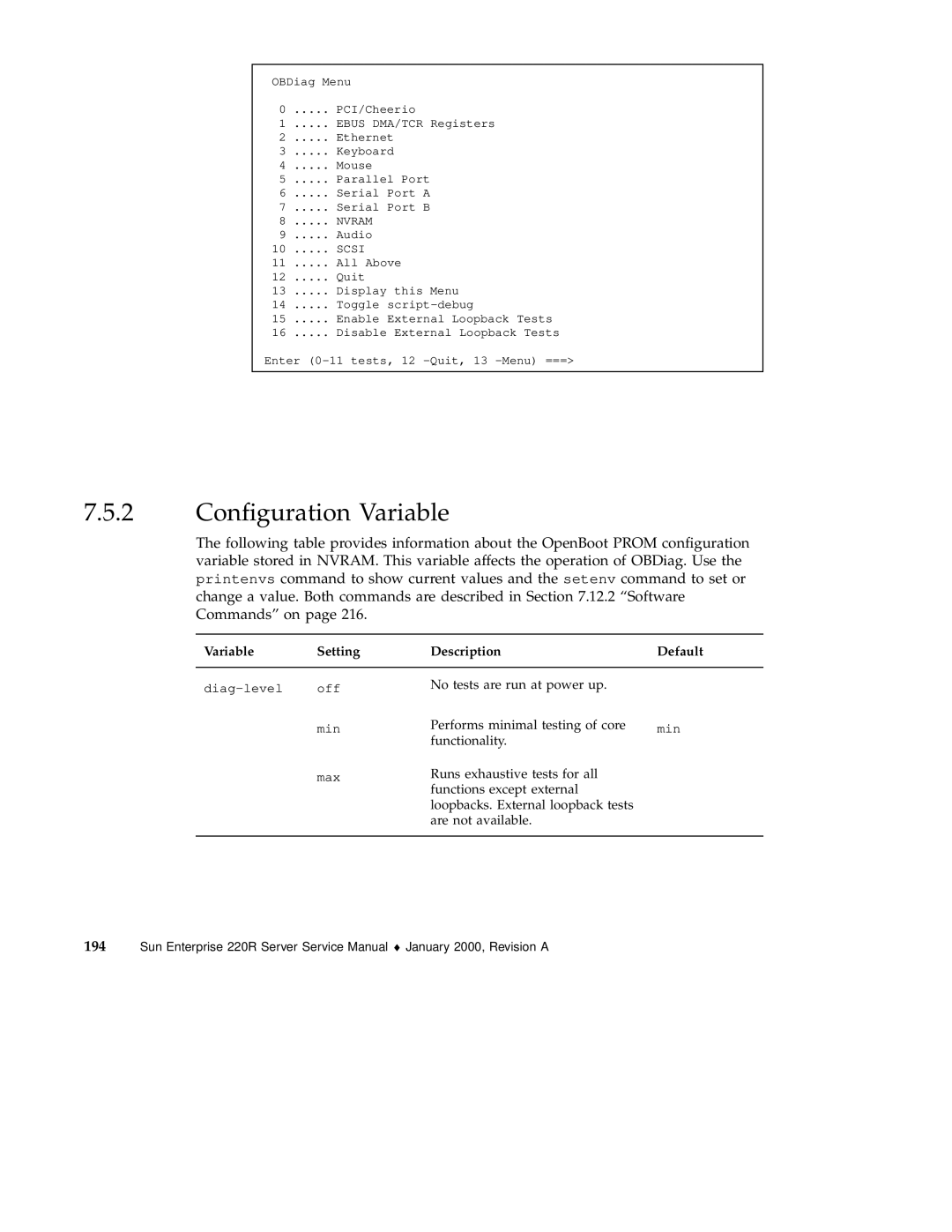 Sun Microsystems 220R service manual 2 Conﬁguration Variable, Scsi 