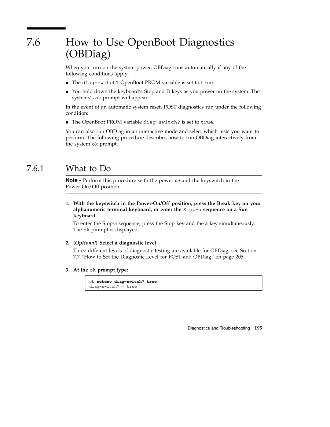 Sun Microsystems 220R How to Use OpenBoot Diagnostics OBDiag, Optional Select a diagnostic level, At the ok prompt type 