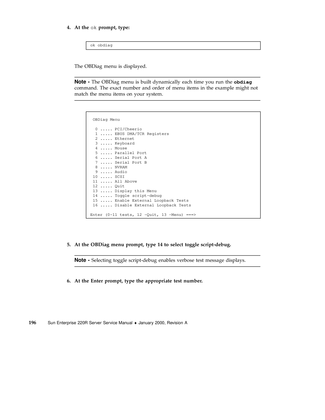 Sun Microsystems 220R service manual At the ok prompt, type, OBDiag menu is displayed 