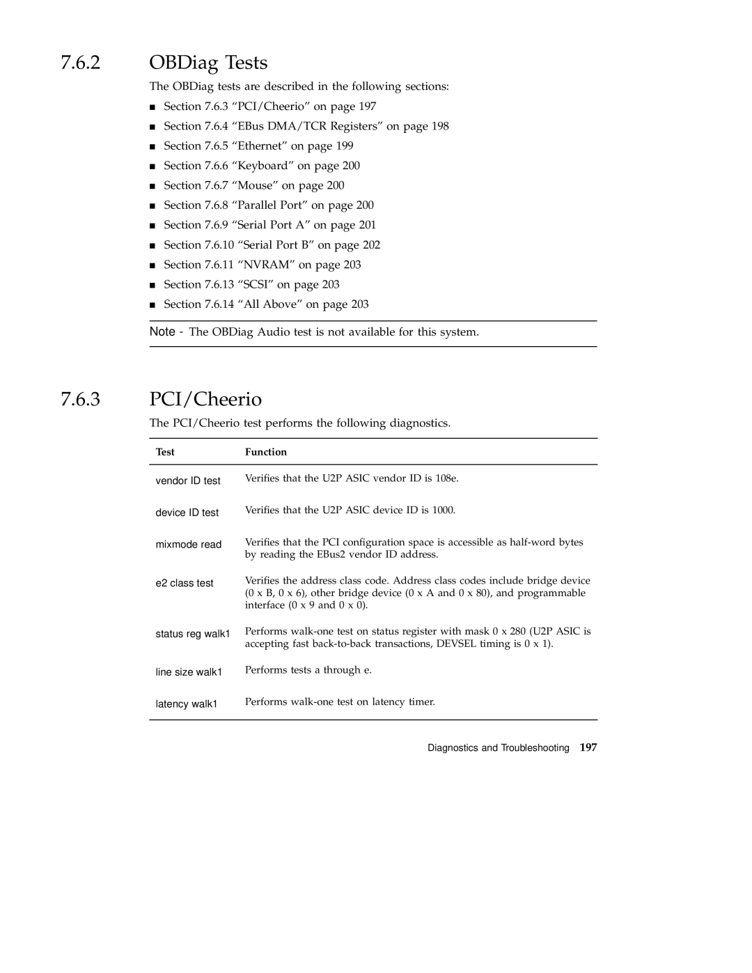 Sun Microsystems 220R service manual OBDiag Tests, 3 PCI/Cheerio 