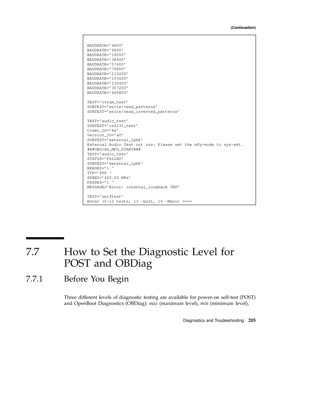 Sun Microsystems 220R service manual How to Set the Diagnostic Level for Post and OBDiag, BAUDRATE=4800 BAUDRATE=9600 