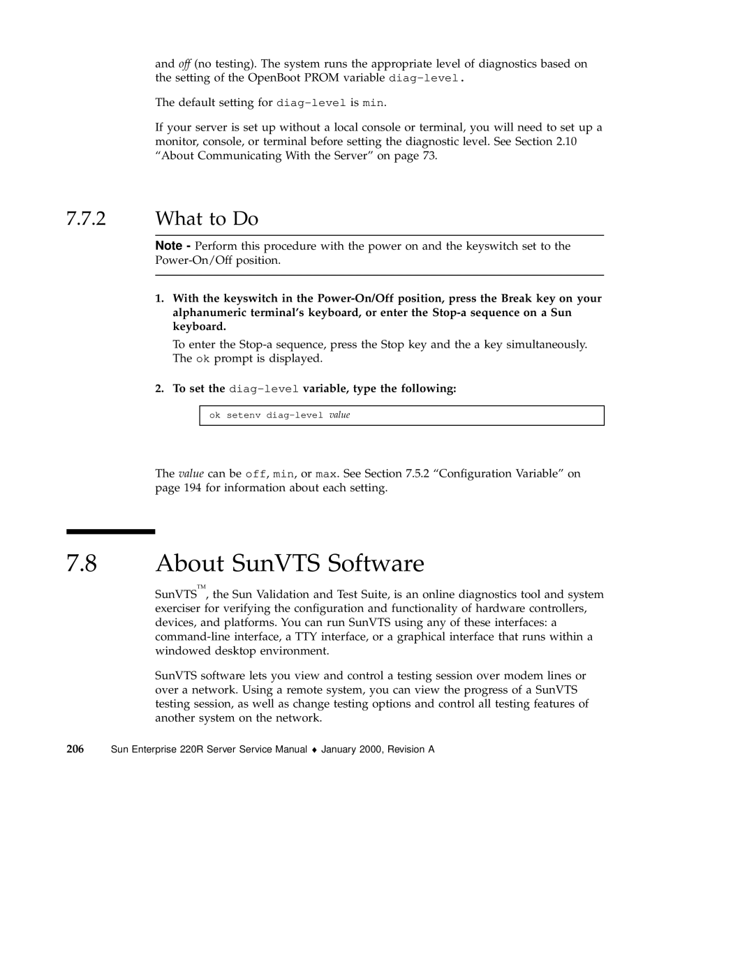 Sun Microsystems 220R service manual About SunVTS Software, To set the diag-levelvariable, type the following 