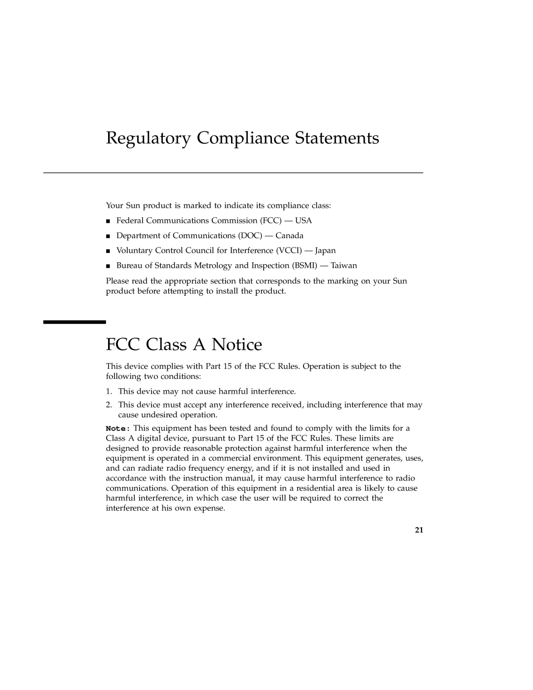 Sun Microsystems 220R service manual Regulatory Compliance Statements, FCC Class a Notice 