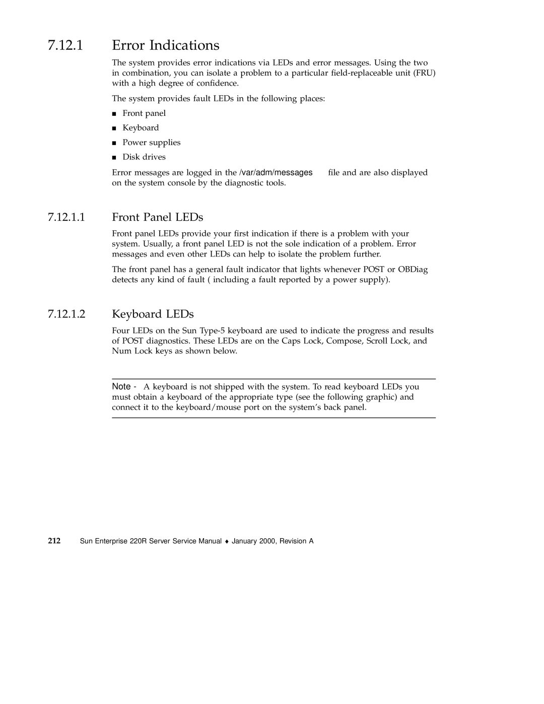 Sun Microsystems 220R service manual Error Indications, Front Panel LEDs, Keyboard LEDs 