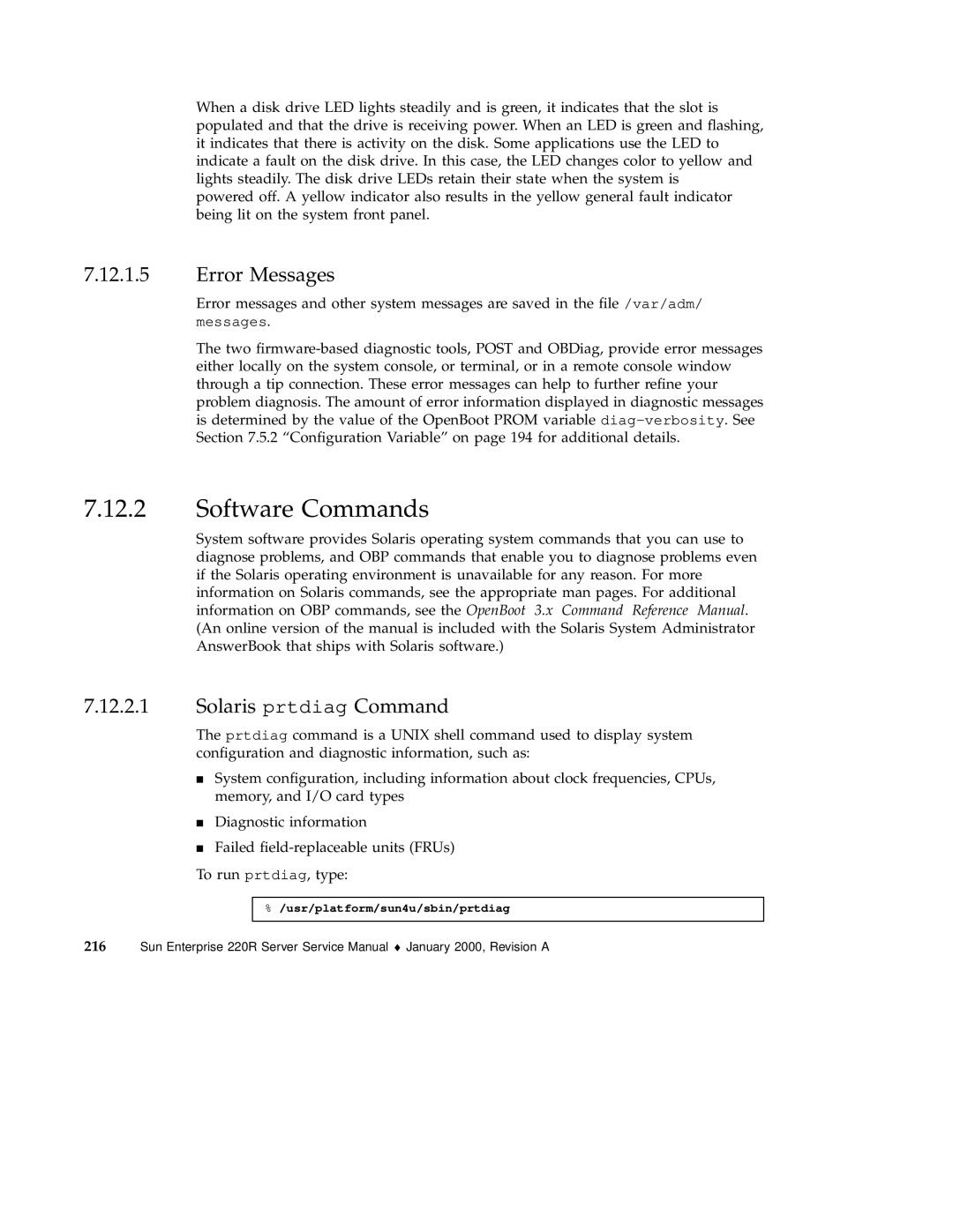 Sun Microsystems 220R service manual Software Commands, Error Messages, Solaris prtdiag Command 