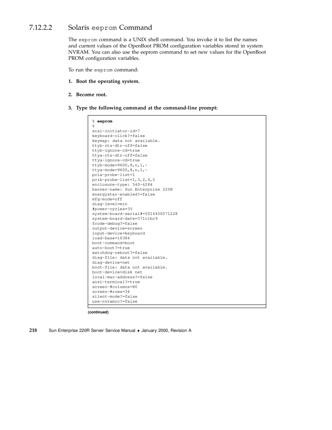 Sun Microsystems 220R service manual Solaris eeprom Command, Eeprom 