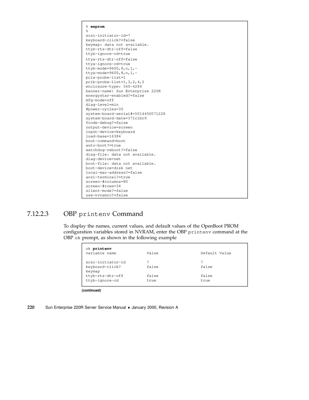 Sun Microsystems 220R service manual OBP printenv Command, Ok printenv 