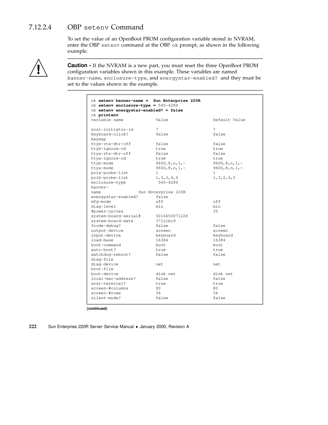 Sun Microsystems 220R service manual OBP setenv Command 