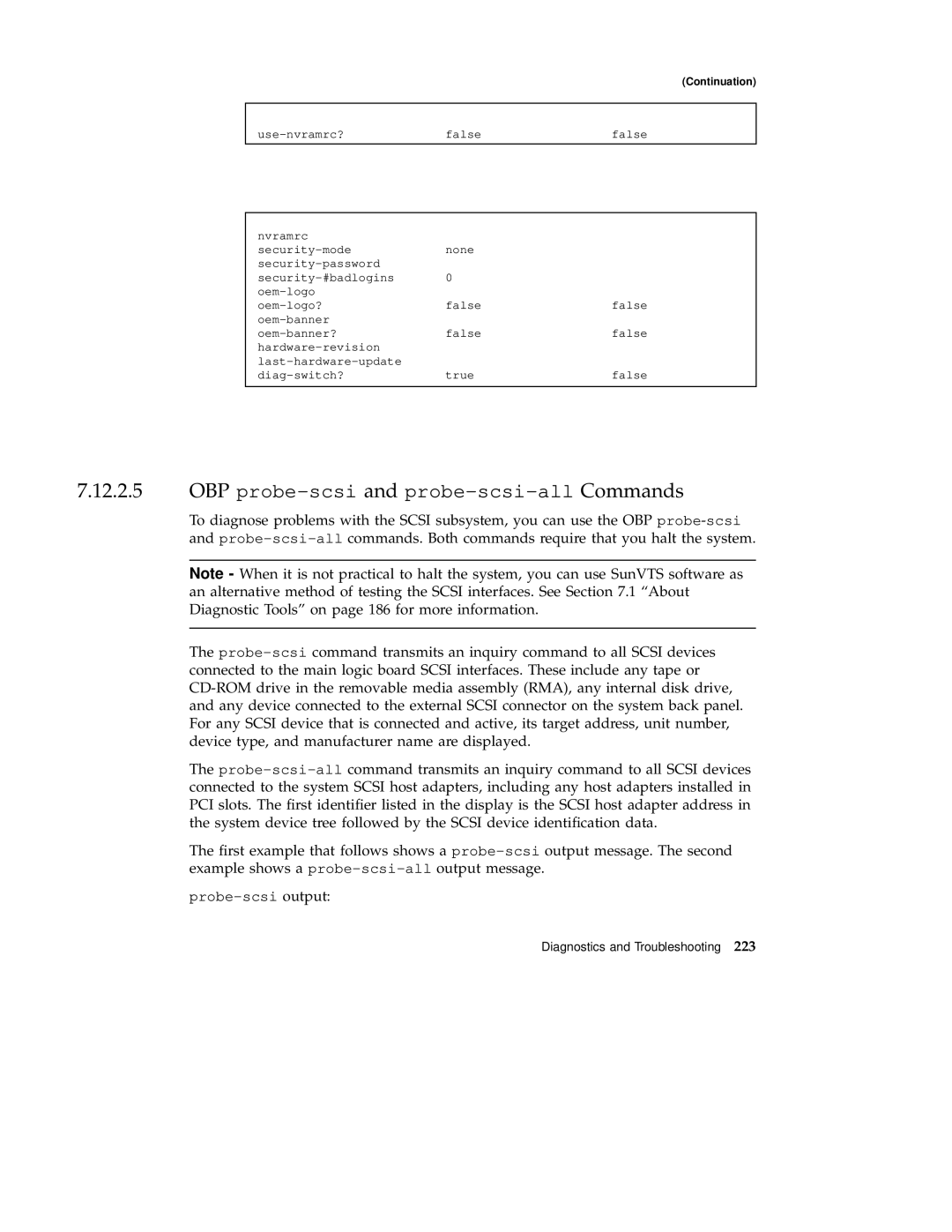 Sun Microsystems 220R service manual OBP probe-scsi and probe-scsi-all Commands 