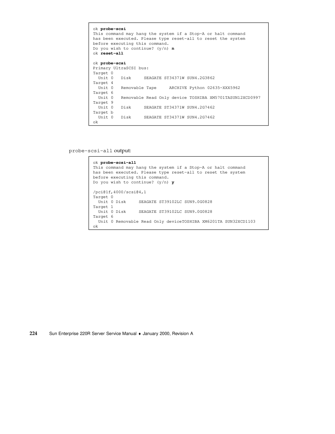 Sun Microsystems 220R service manual Probe-scsi-all output 