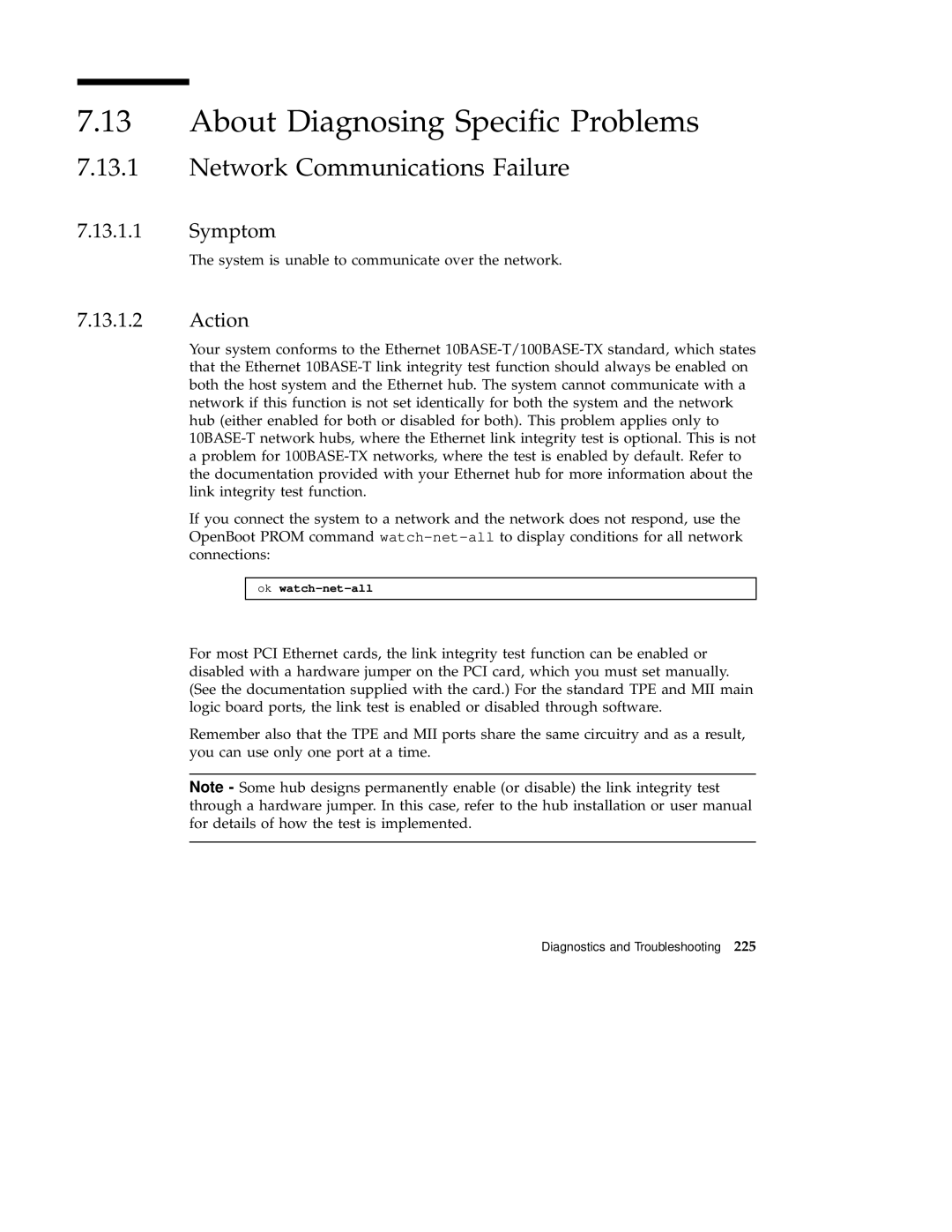 Sun Microsystems 220R service manual About Diagnosing Speciﬁc Problems, Network Communications Failure, Symptom, Action 