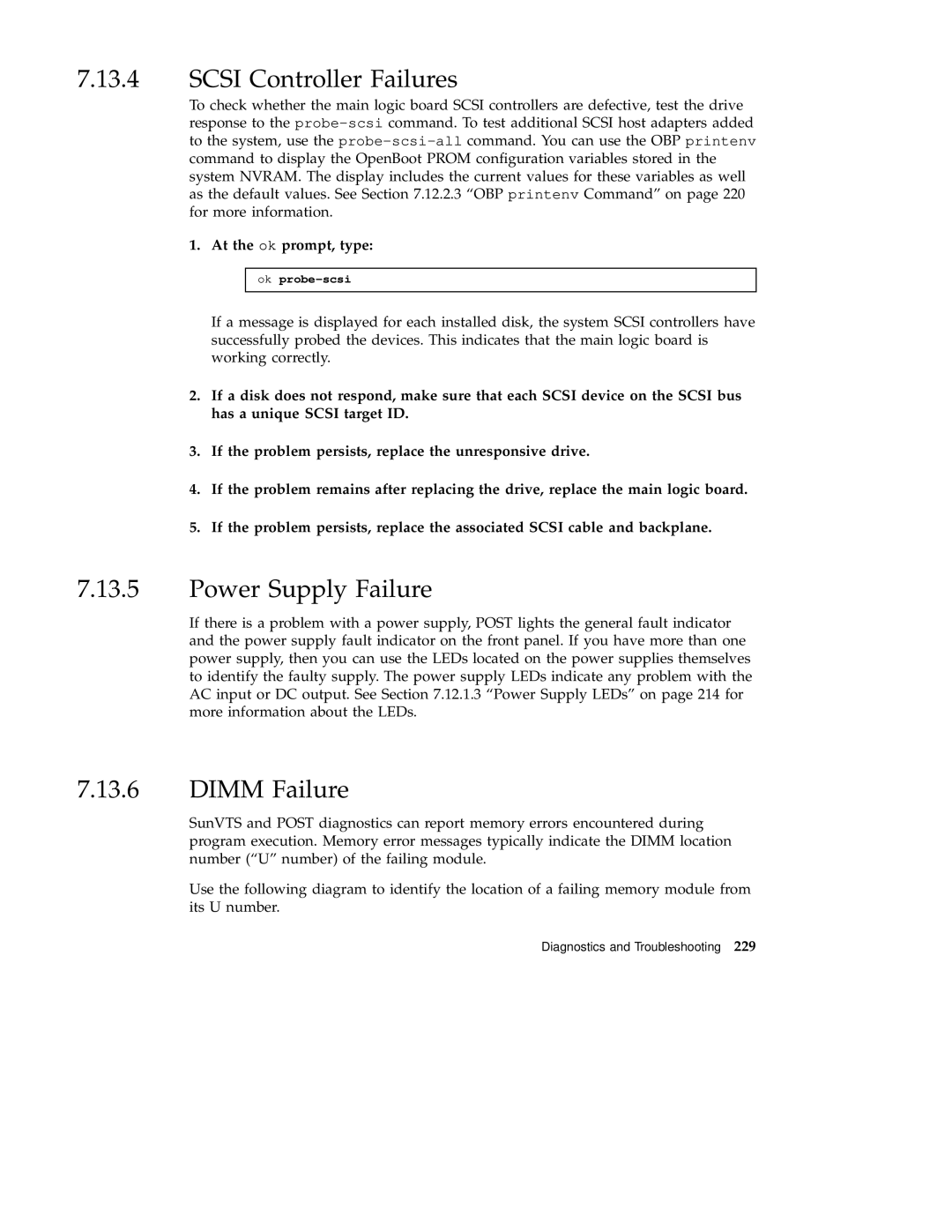 Sun Microsystems 220R service manual Scsi Controller Failures, Power Supply Failure, Dimm Failure 