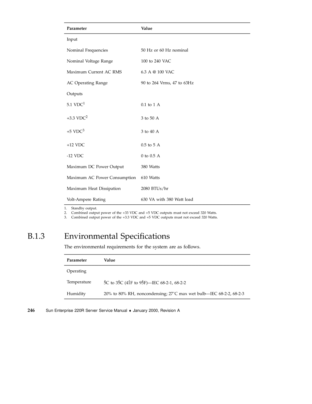 Sun Microsystems 220R service manual Environmental Speciﬁcations, Parameter Value 