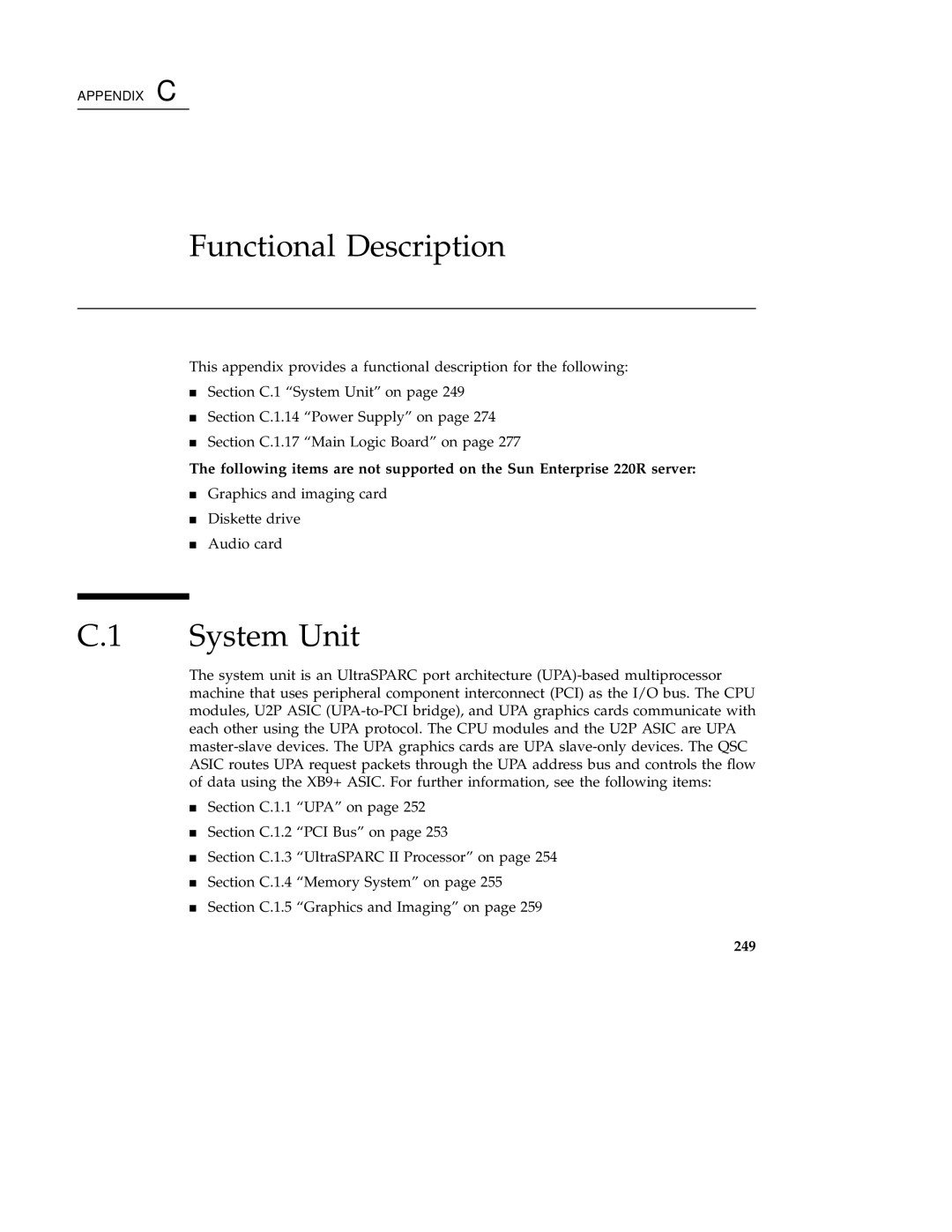 Sun Microsystems 220R service manual Functional Description, System Unit, 249 