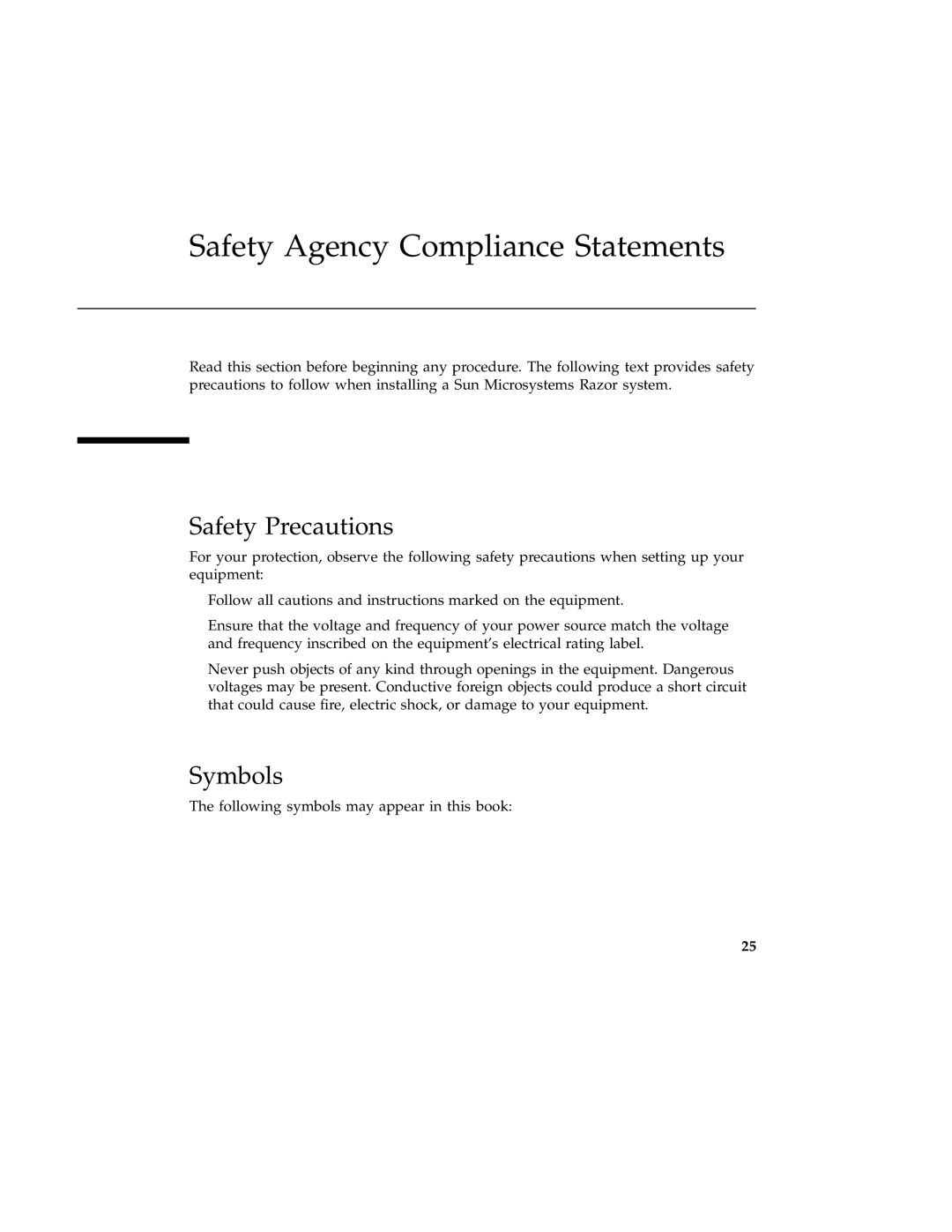 Sun Microsystems 220R service manual Safety Agency Compliance Statements, Safety Precautions, Symbols 