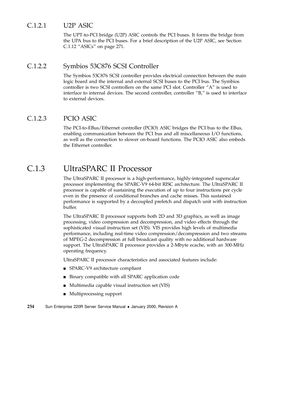 Sun Microsystems 220R service manual UltraSPARC II Processor, 2.1, Symbios 53C876 Scsi Controller, 2.3 