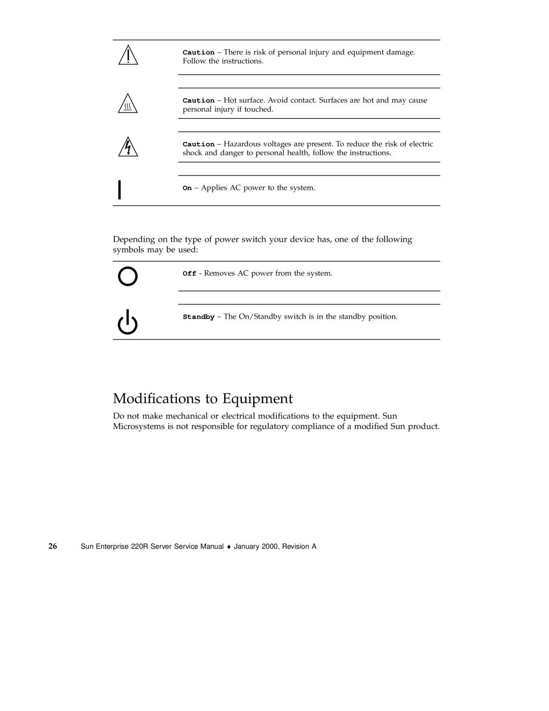 Sun Microsystems 220R service manual Modiﬁcations to Equipment 