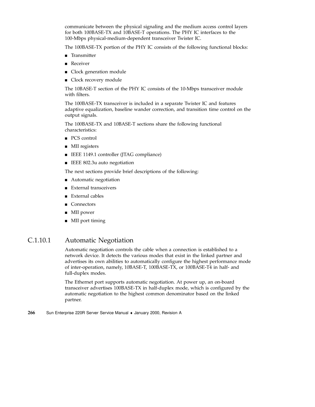 Sun Microsystems 220R service manual Automatic Negotiation 