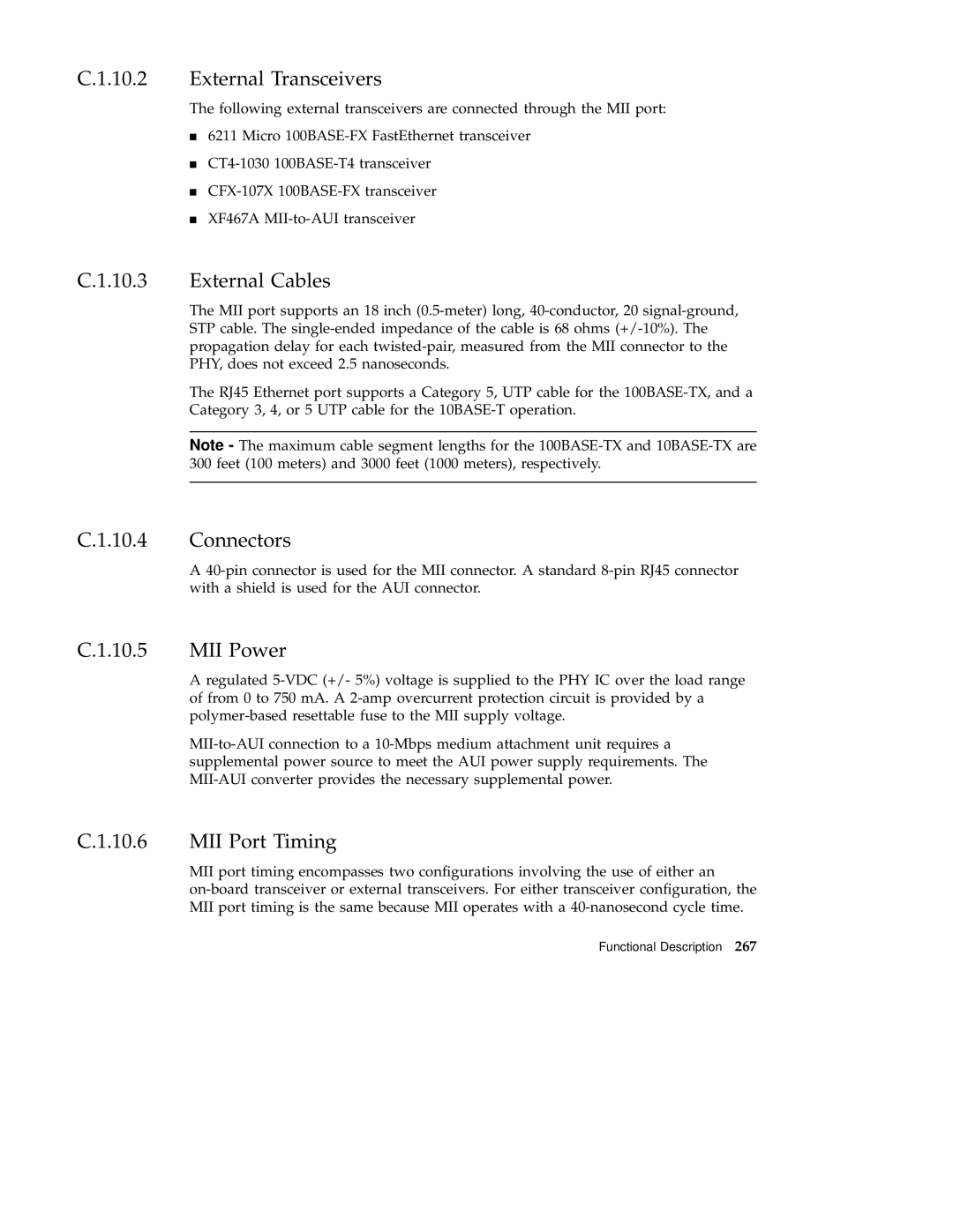 Sun Microsystems 220R service manual External Transceivers, External Cables, Connectors, MII Power, MII Port Timing 