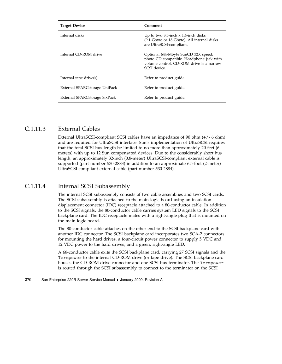 Sun Microsystems 220R service manual Internal Scsi Subassembly, Target Device Comment 