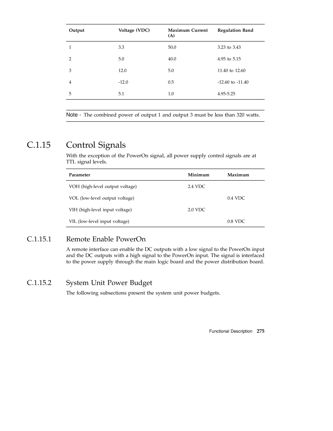 Sun Microsystems 220R service manual Control Signals, Remote Enable PowerOn, System Unit Power Budget 