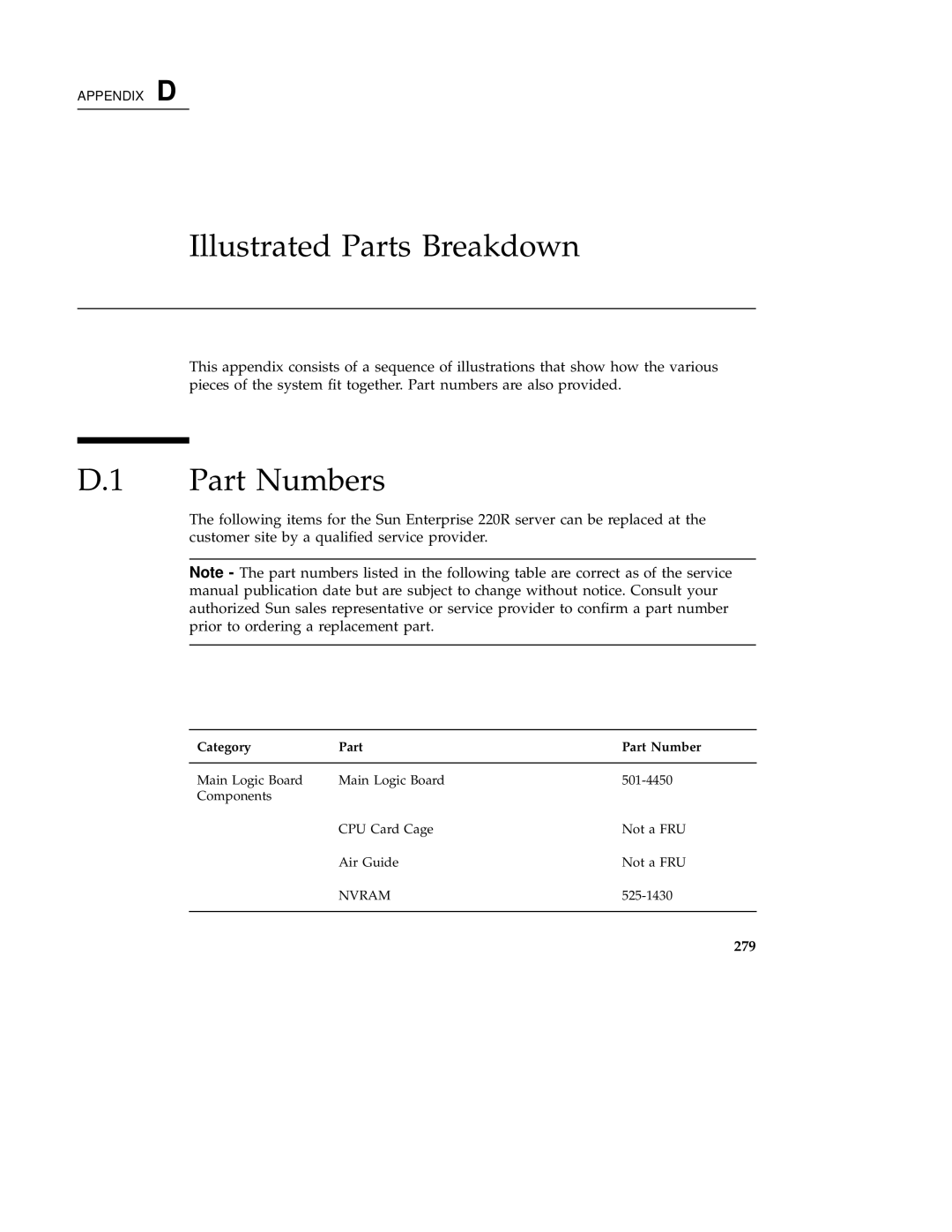 Sun Microsystems 220R service manual Illustrated Parts Breakdown, Part Numbers, 279 