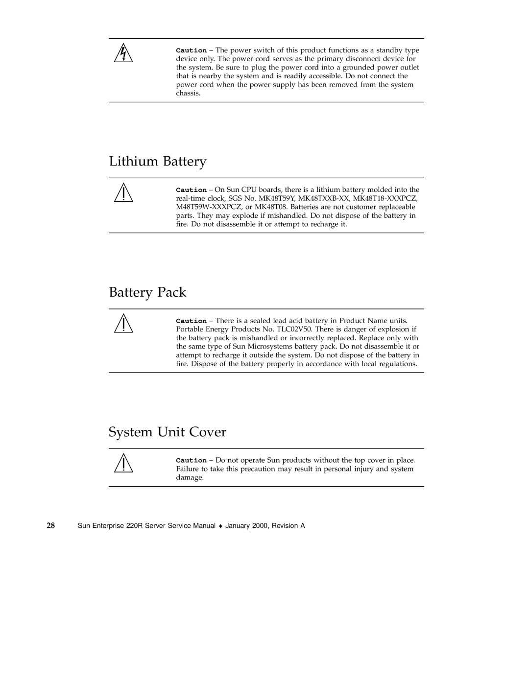 Sun Microsystems 220R service manual Lithium Battery Battery Pack System Unit Cover 