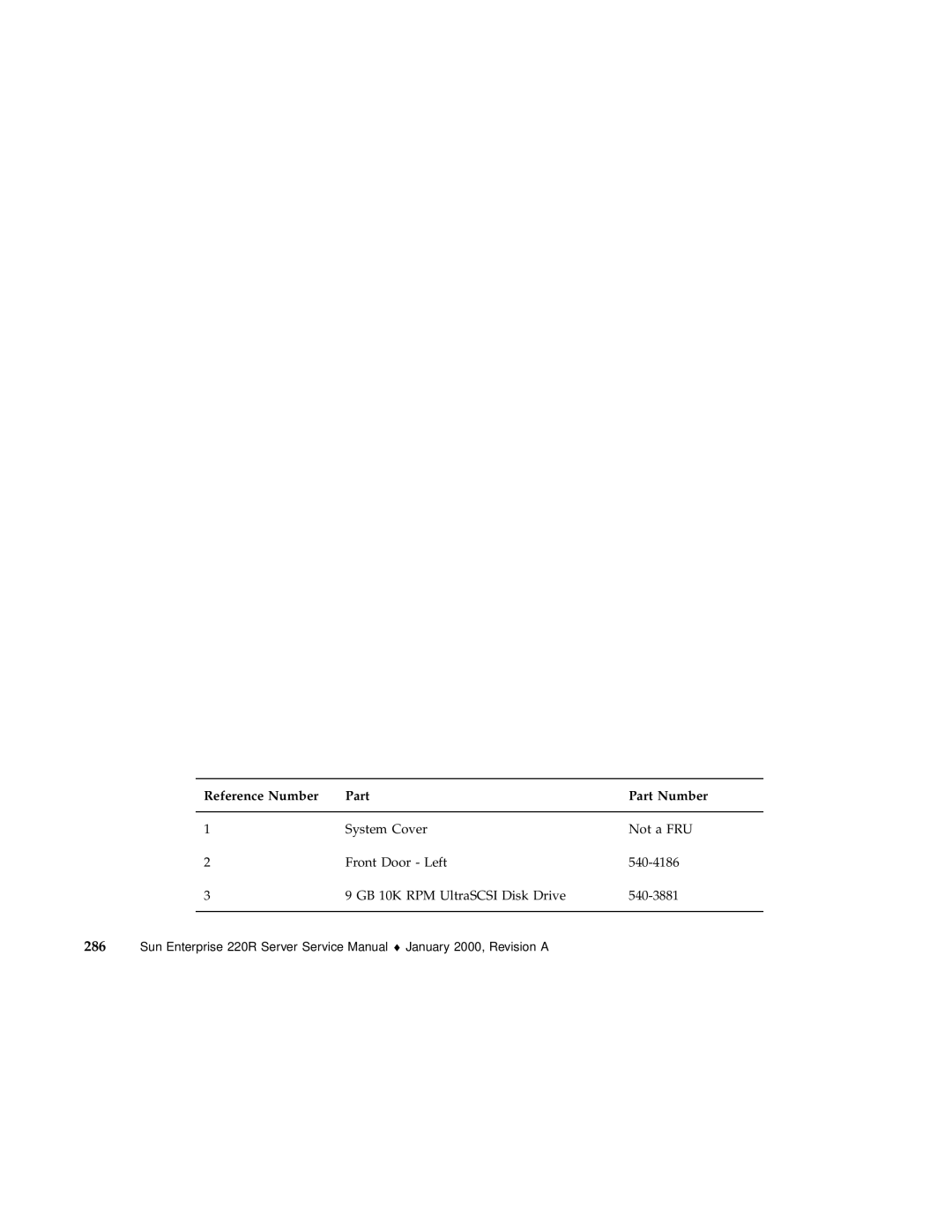 Sun Microsystems 220R service manual Reference Number Part Part Number 