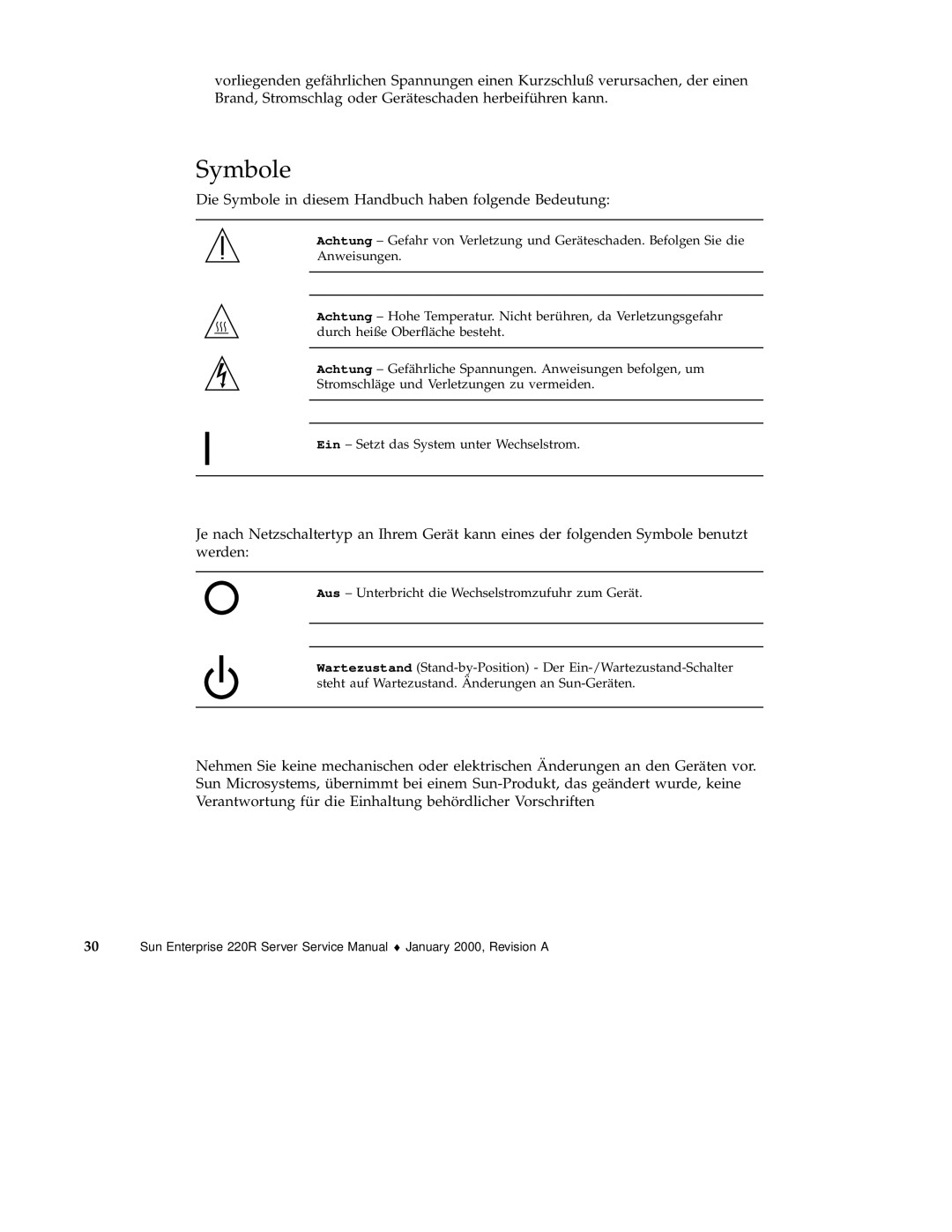 Sun Microsystems 220R service manual Die Symbole in diesem Handbuch haben folgende Bedeutung 