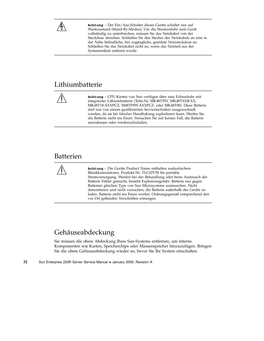 Sun Microsystems 220R service manual Lithiumbatterie, Batterien, Gehäuseabdeckung 