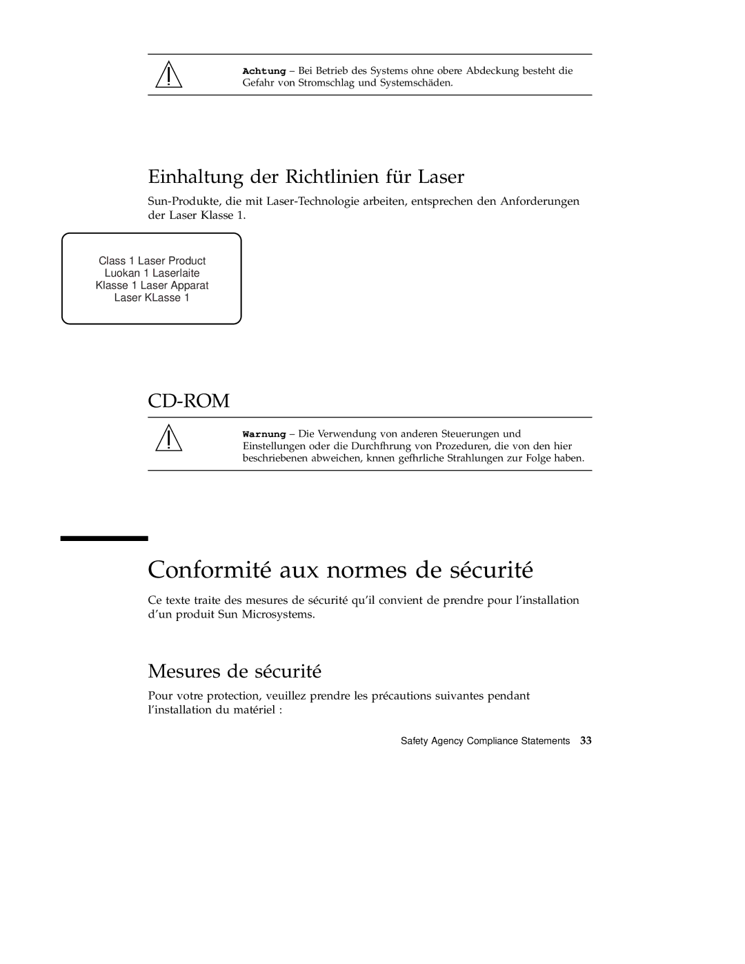 Sun Microsystems 220R Conformité aux normes de sécurité, Einhaltung der Richtlinien für Laser, Mesures de sécurité 