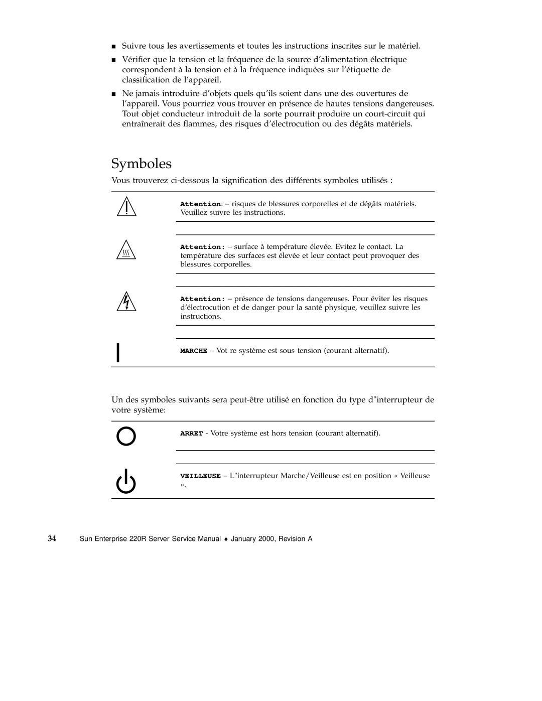 Sun Microsystems 220R service manual Symboles 