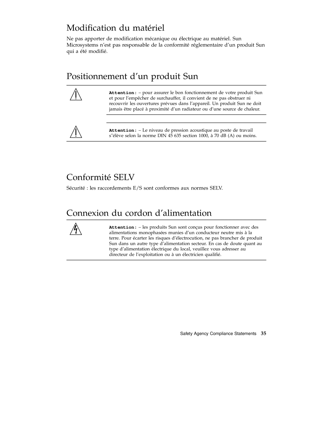 Sun Microsystems 220R service manual Modiﬁcation du matériel, Positionnement dun produit Sun Conformité Selv 