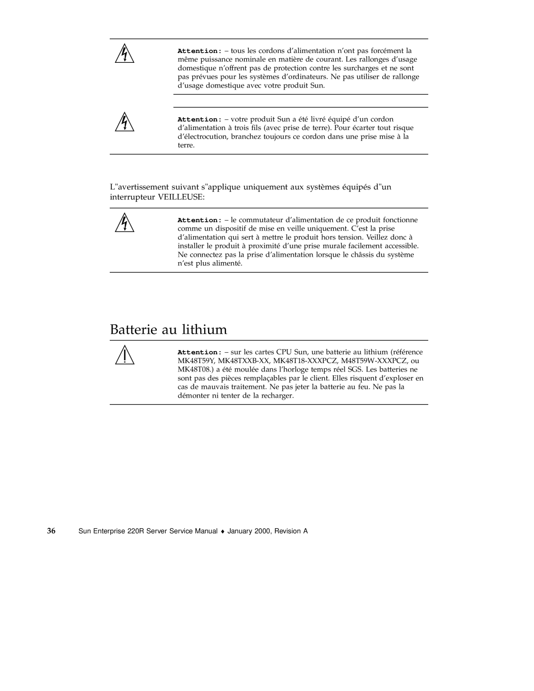 Sun Microsystems 220R service manual Batterie au lithium 