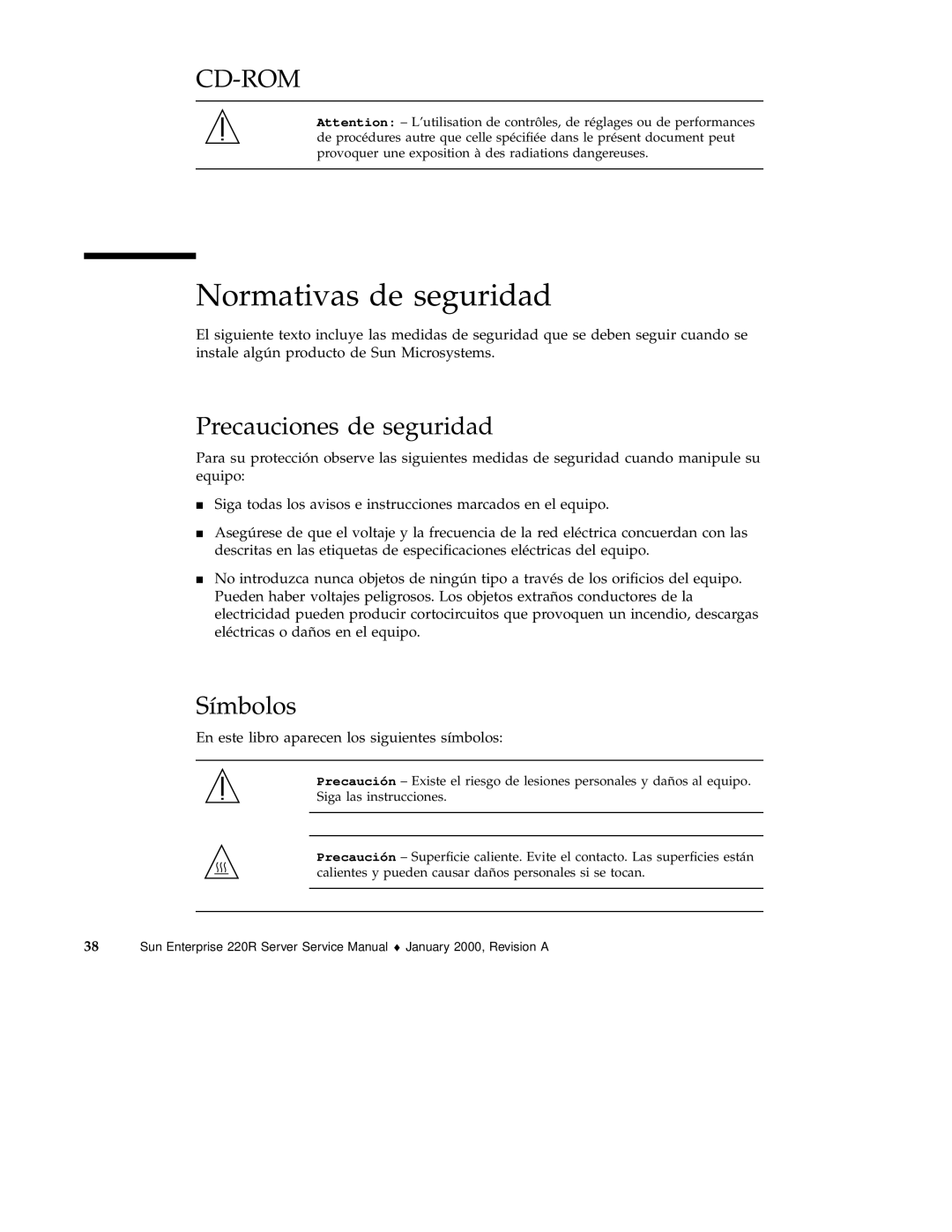 Sun Microsystems 220R service manual Normativas de seguridad, Precauciones de seguridad, Símbolos 