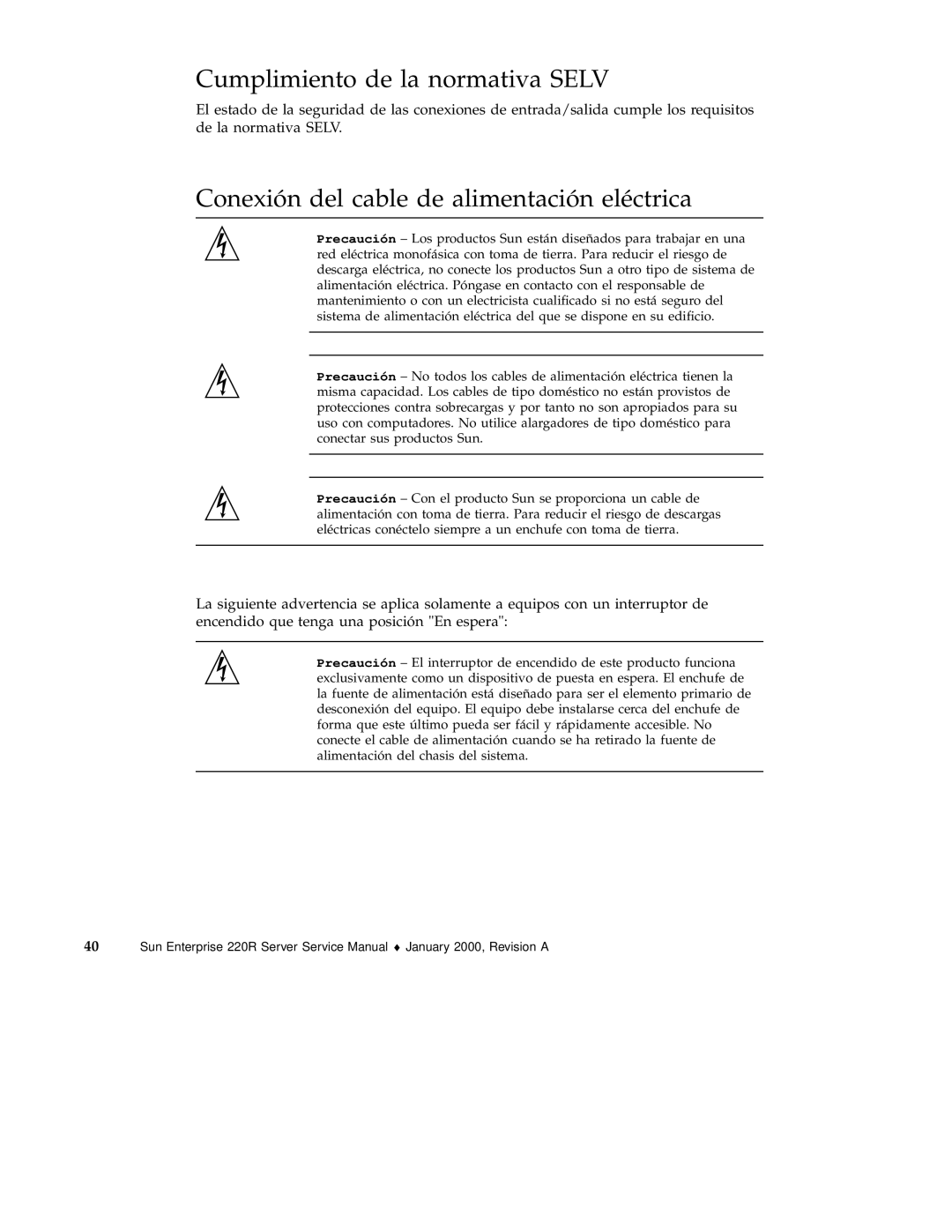 Sun Microsystems 220R service manual Cumplimiento de la normativa Selv, Conexión del cable de alimentación eléctrica 