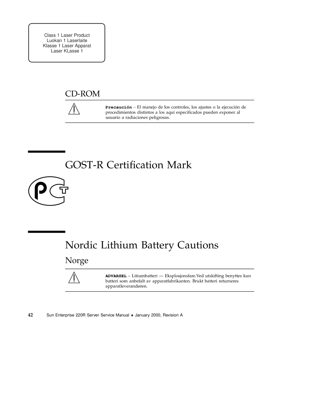 Sun Microsystems 220R service manual GOST-R Certiﬁcation Mark Nordic Lithium Battery Cautions, Norge 