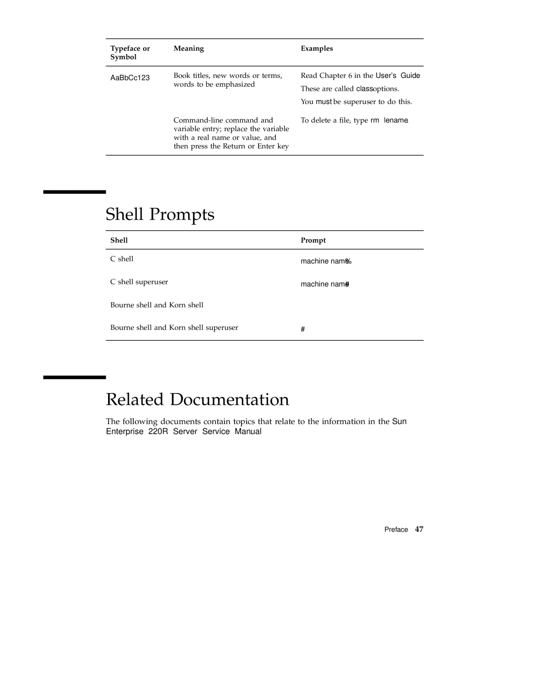 Sun Microsystems 220R service manual Shell Prompts, Related Documentation 