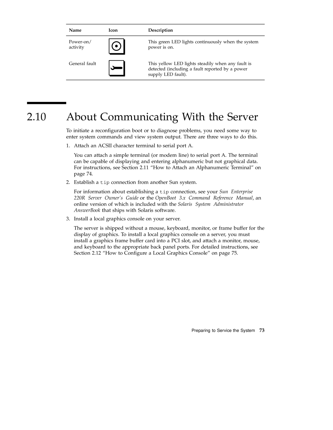 Sun Microsystems 220R service manual About Communicating With the Server, NameIconDescription 