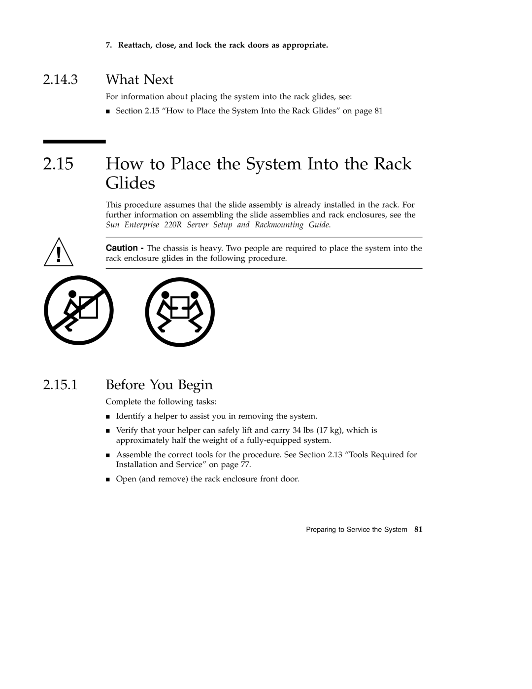 Sun Microsystems 220R service manual How to Place the System Into the Rack Glides 