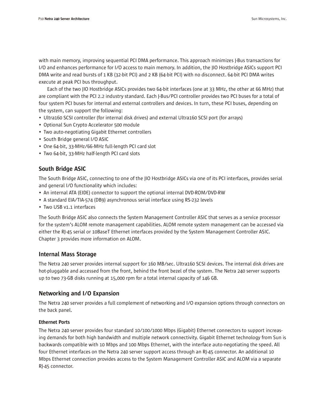 Sun Microsystems 240 manual South Bridge Asic, Internal Mass Storage, Networking and I/O Expansion 