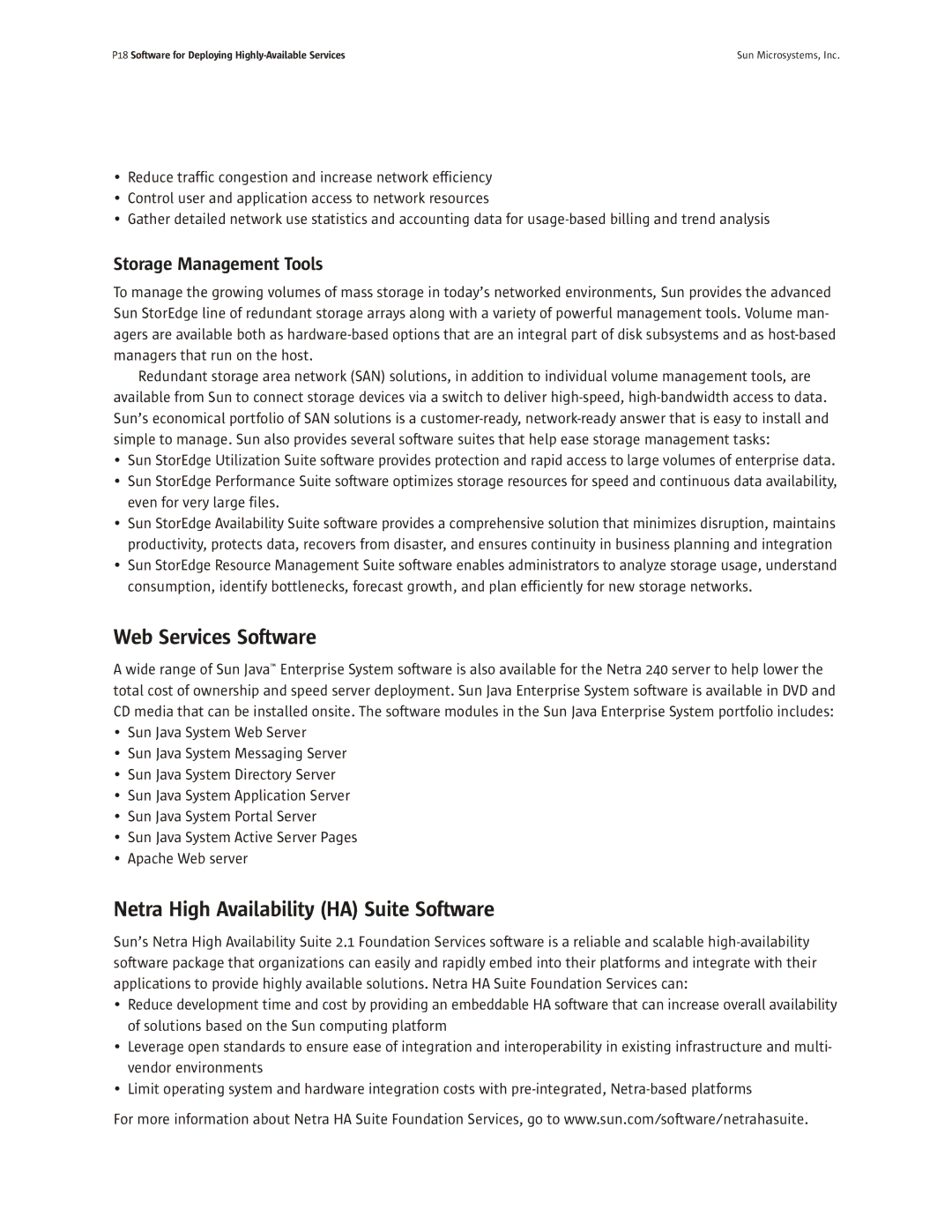 Sun Microsystems 240 manual Web Services Software, Netra High Availability HA Suite Software, Storage Management Tools 